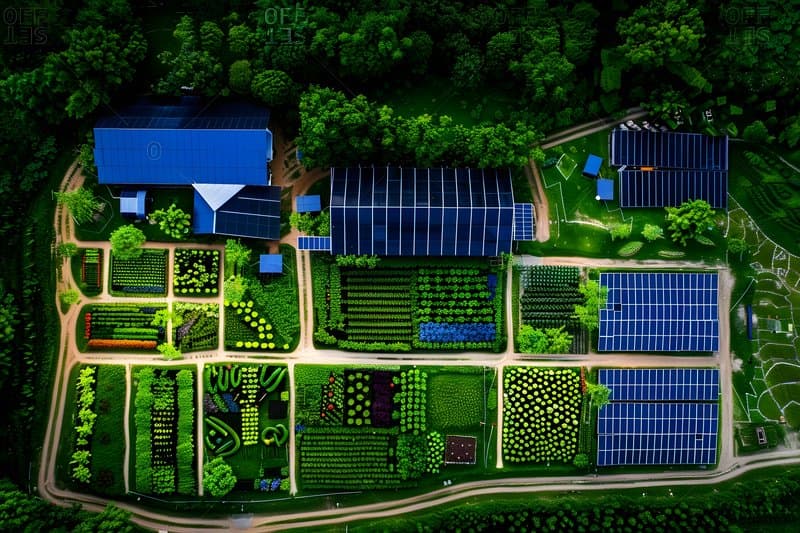 Aerial view of permaculture farm vegetable patches compost area and solar panels