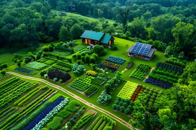 Aerial view of permaculture farm vegetable patches compost area and solar panels