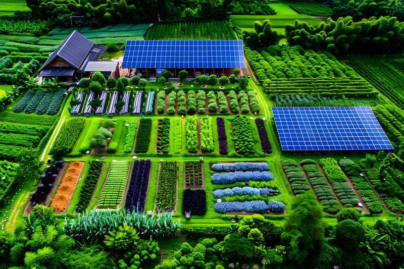 Aerial view of permaculture farm vegetable patches compost area and solar panels