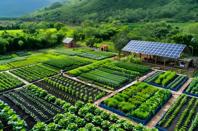 Aerial view of permaculture farm vegetable patches compost area and solar panels