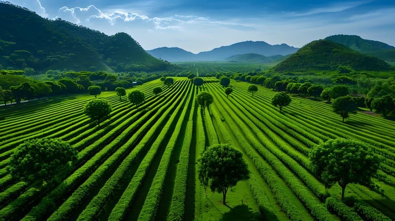 Agroforestry landscape fruit trees and medicinal plants growing in harmony