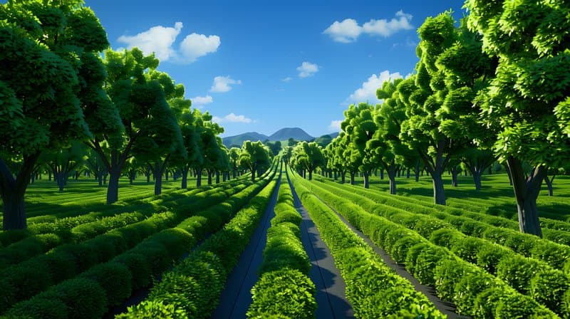 Agroforestry landscape fruit trees and medicinal plants growing in harmony