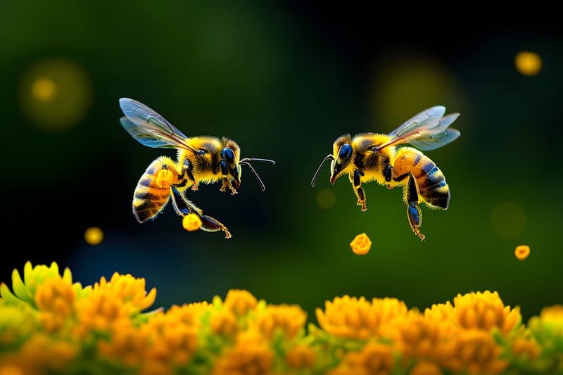 Bees collecting nectar native flowering shrubs near orchard