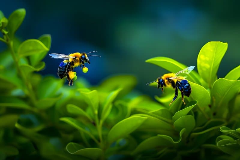 Bees collecting nectar native flowering shrubs near orchard