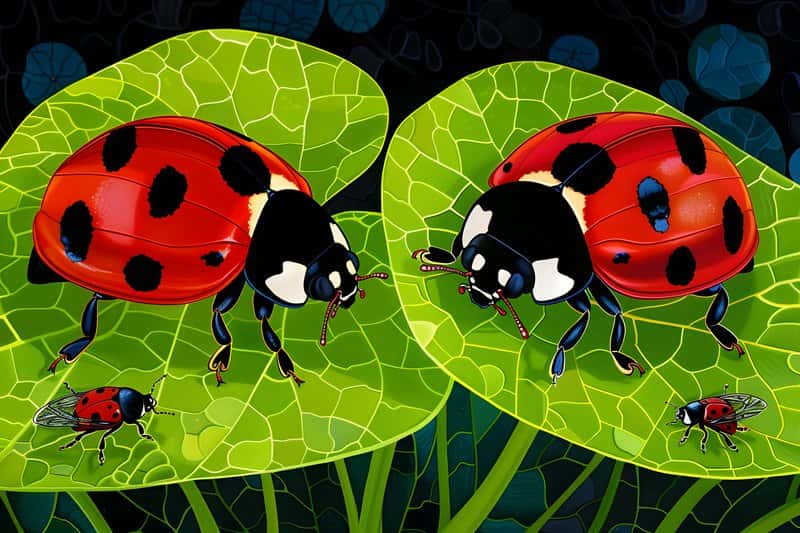Close up of ladybugs beneficial insects on organic vegetable leaves