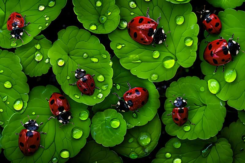 Close up of ladybugs beneficial insects on organic vegetable leaves