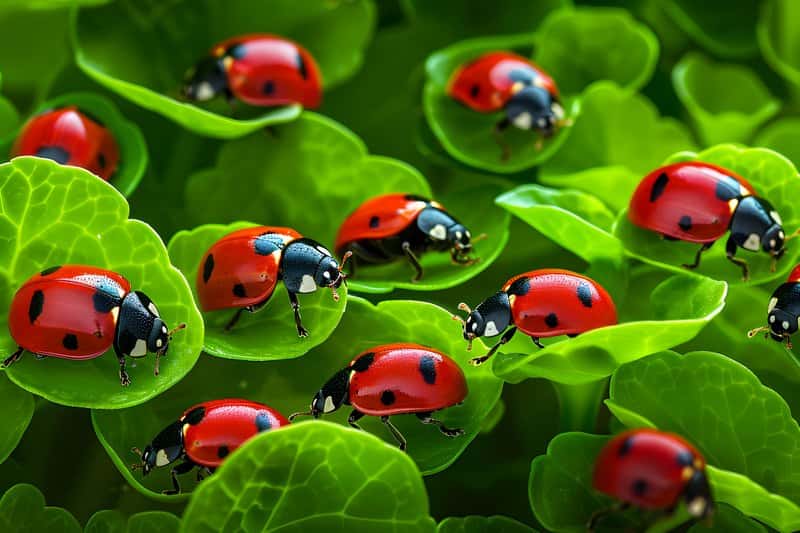 Close up of ladybugs beneficial insects on organic vegetable leaves