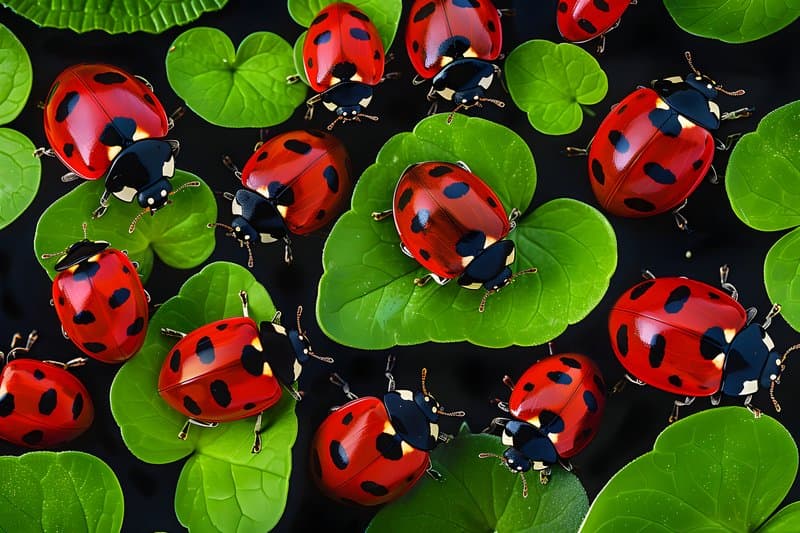 Close up of ladybugs beneficial insects on organic vegetable leaves