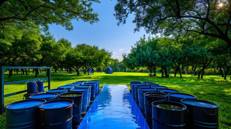 Compost tea brewing setup barrels and oxygen pump under shaded tree grove