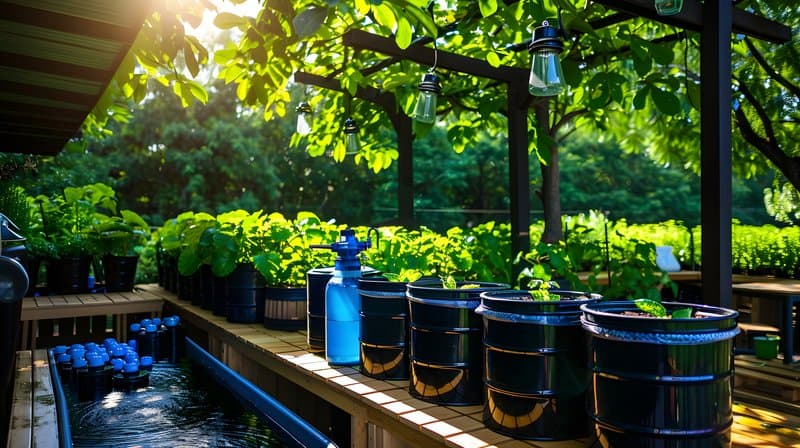 Compost tea brewing setup barrels and oxygen pump under shaded tree grove