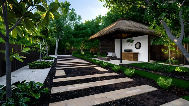 Composting station under thatched roof surrounded fruit trees and mulch piles