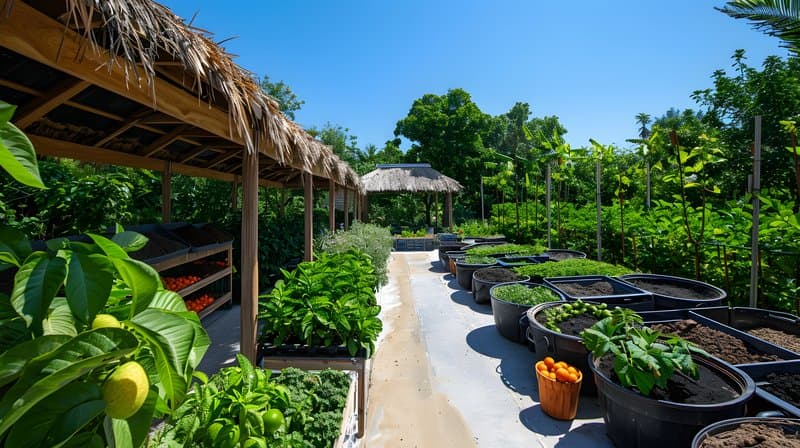 Composting station under thatched roof surrounded fruit trees and mulch piles