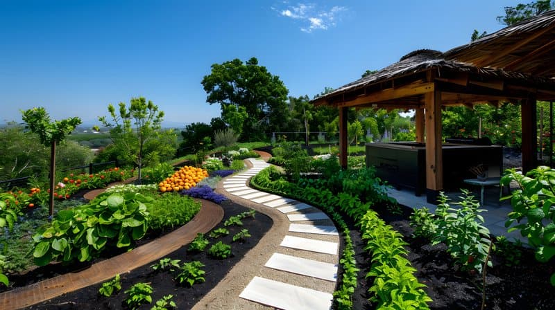 Composting station under thatched roof surrounded fruit trees and mulch piles