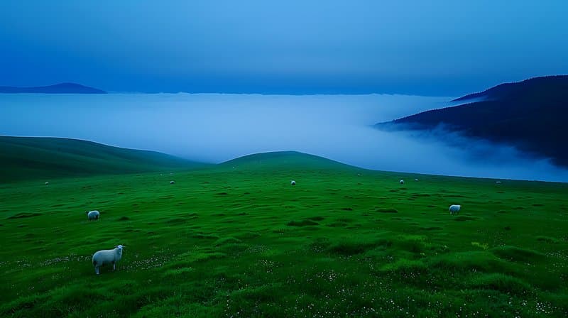 Early morning fog over sustainable pasture grazing sheep and wildflowers