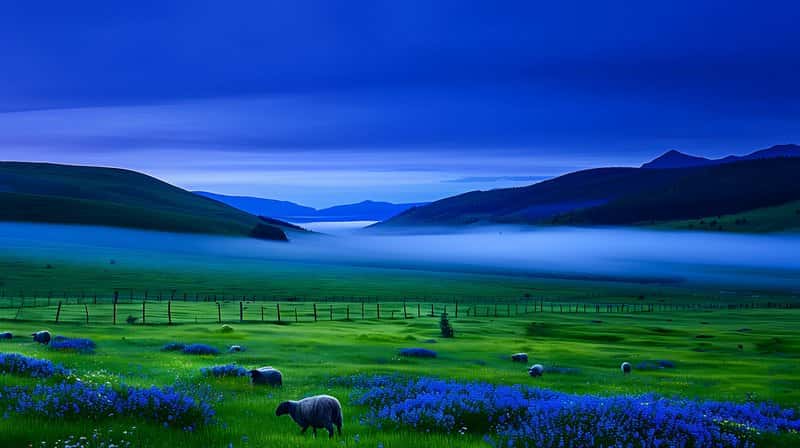 Early morning fog over sustainable pasture grazing sheep and wildflowers