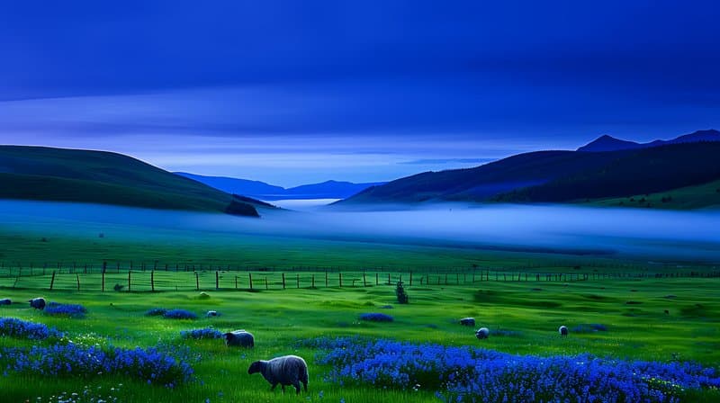 Early morning fog over sustainable pasture grazing sheep and wildflowers