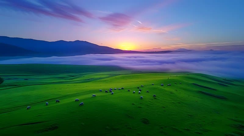 Early morning fog over sustainable pasture grazing sheep and wildflowers