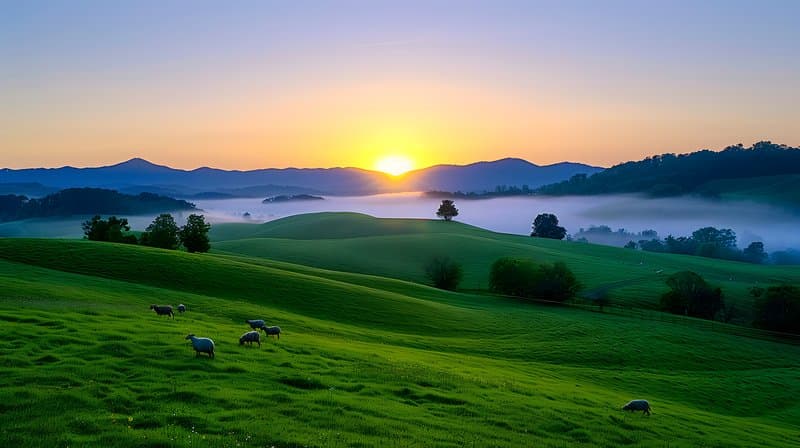 Early morning fog over sustainable pasture grazing sheep and wildflowers