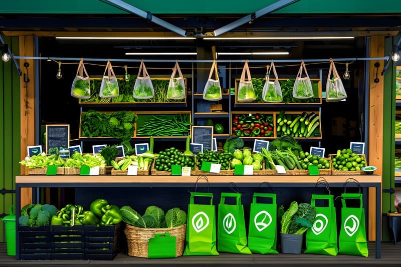 Family farm market stall fresh organic produce and reusable bags