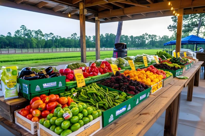 Family farm market stall fresh organic produce and reusable bags