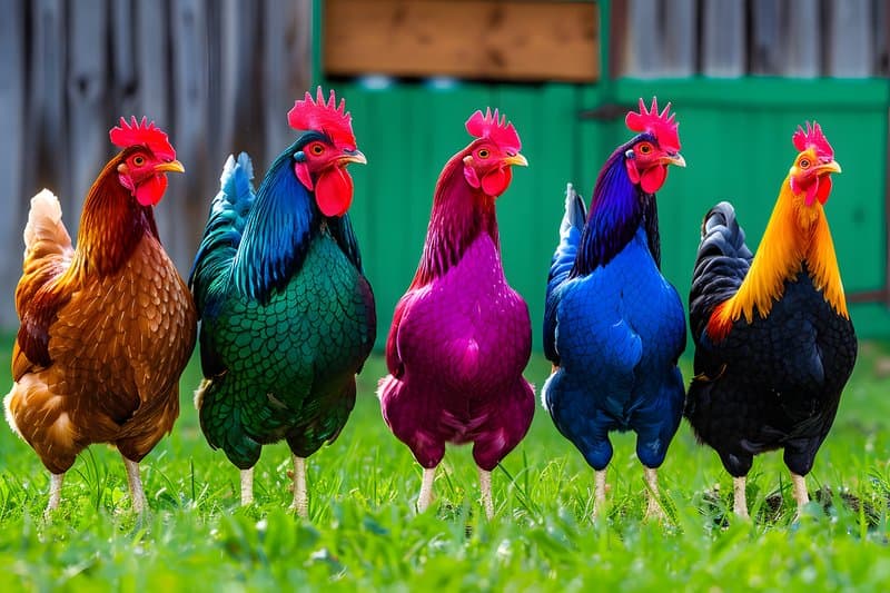 Farmyard scene wooden chicken coop and free range hens in grass