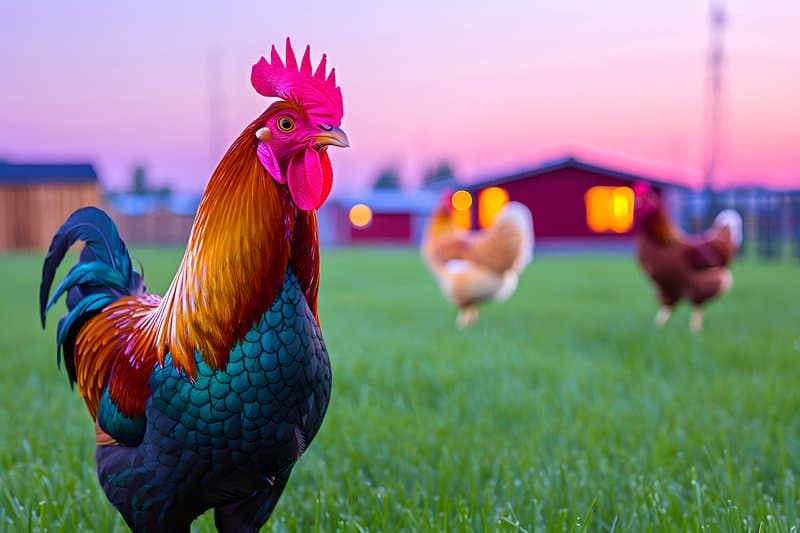 Farmyard scene wooden chicken coop and free range hens in grass