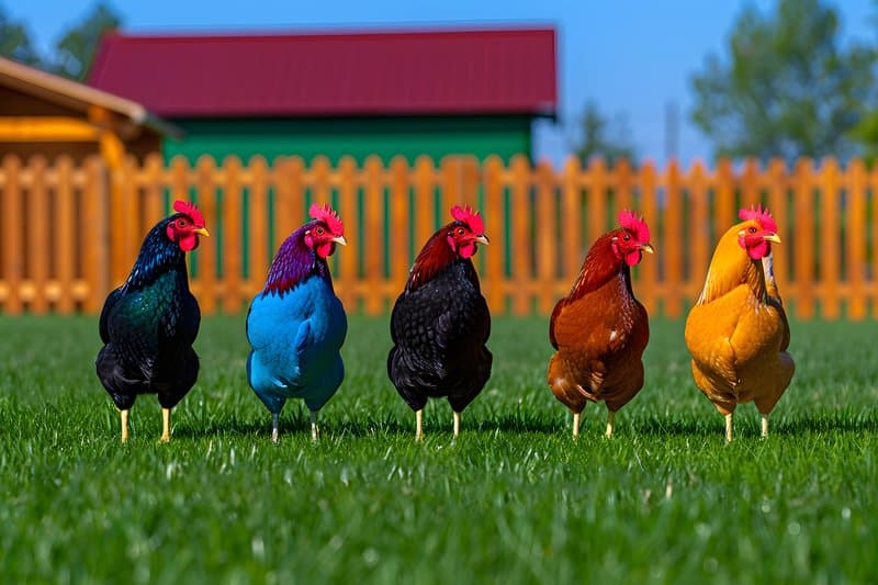 Farmyard scene wooden chicken coop and free range hens in grass