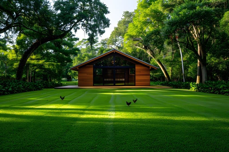 Farmyard scene wooden chicken coop and free range hens in grass