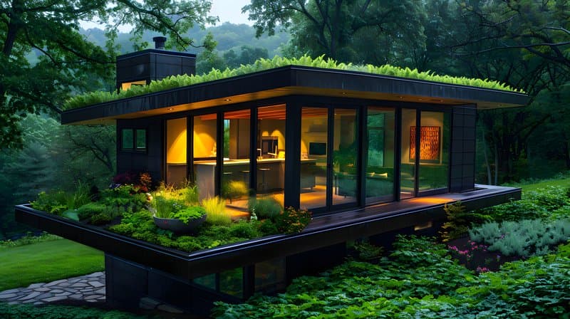 Green roof small eco cabin surrounded by pollinator garden and native shrubs