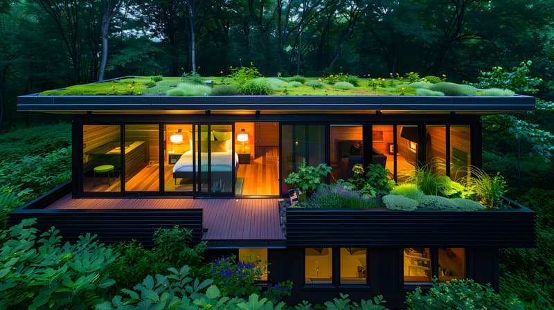 Green roof small eco cabin surrounded by pollinator garden and native shrubs
