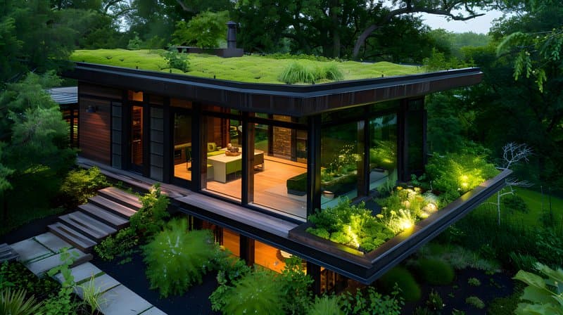 Green roof small eco cabin surrounded by pollinator garden and native shrubs