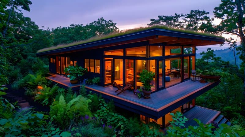 Green roof small eco cabin surrounded by pollinator garden and native shrubs