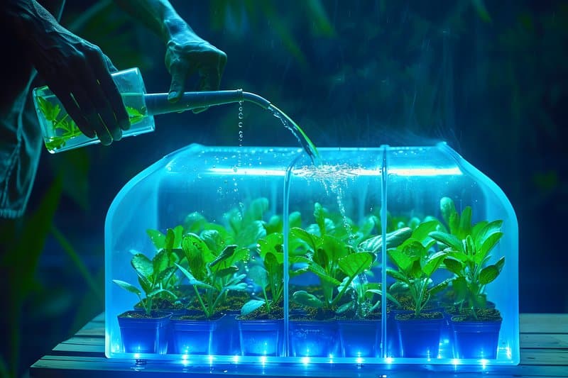 Hand watering seedlings small greenhouse made of recycled glass