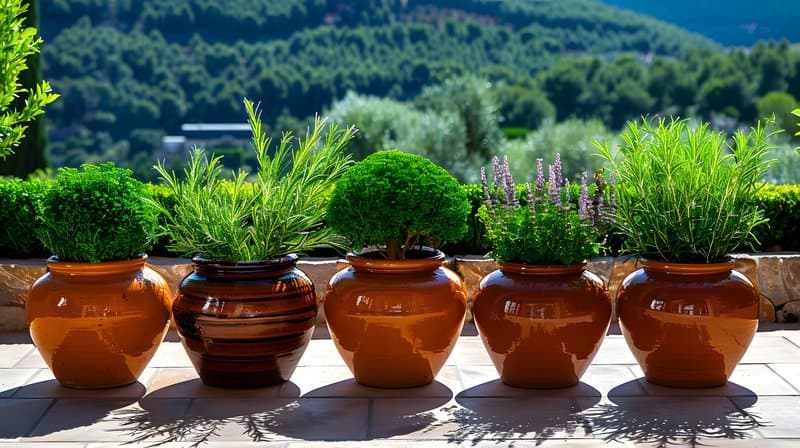 Handmade clay pots drying sun beside herb garden with rosemary and thyme