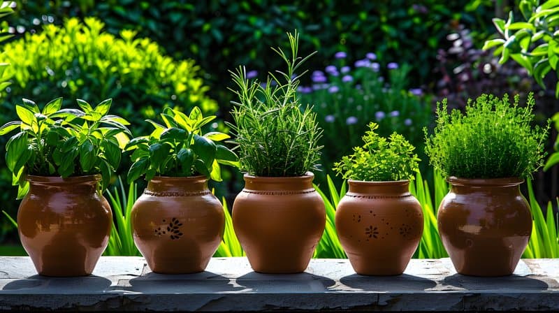 Handmade clay pots drying sun beside herb garden with rosemary and thyme