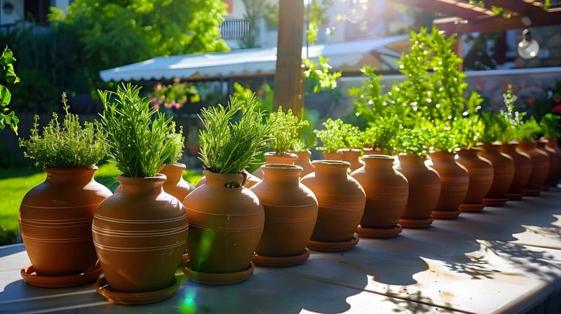 Handmade clay pots drying sun beside herb garden with rosemary and thyme