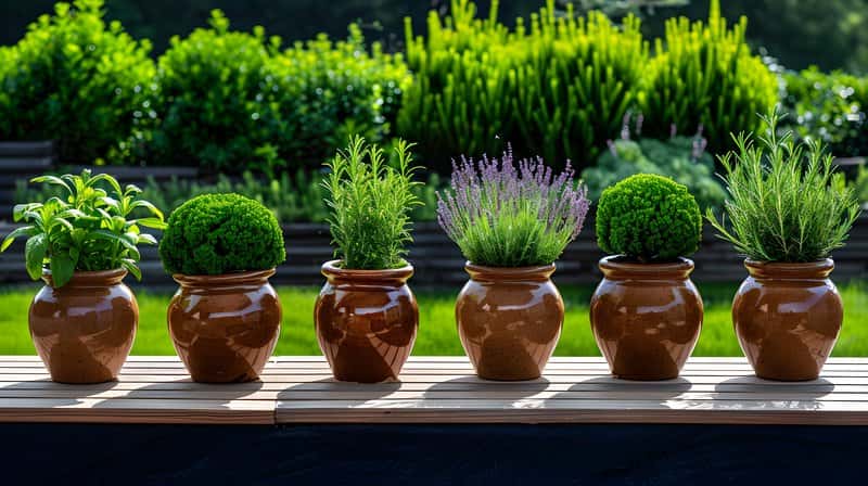 Handmade clay pots drying sun beside herb garden with rosemary and thyme