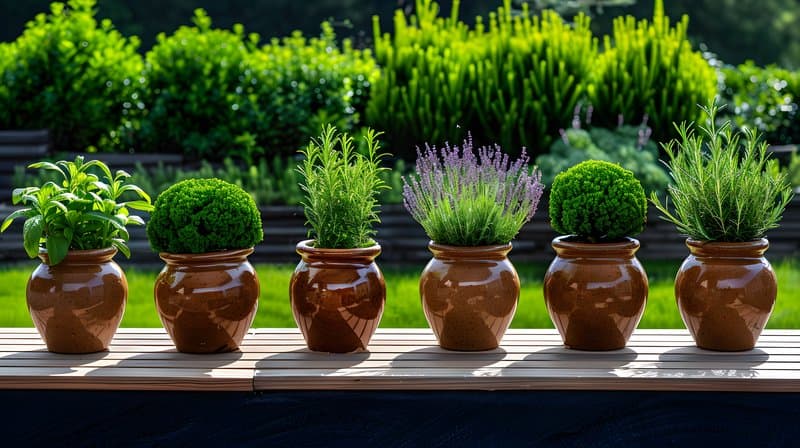 Handmade clay pots drying sun beside herb garden with rosemary and thyme