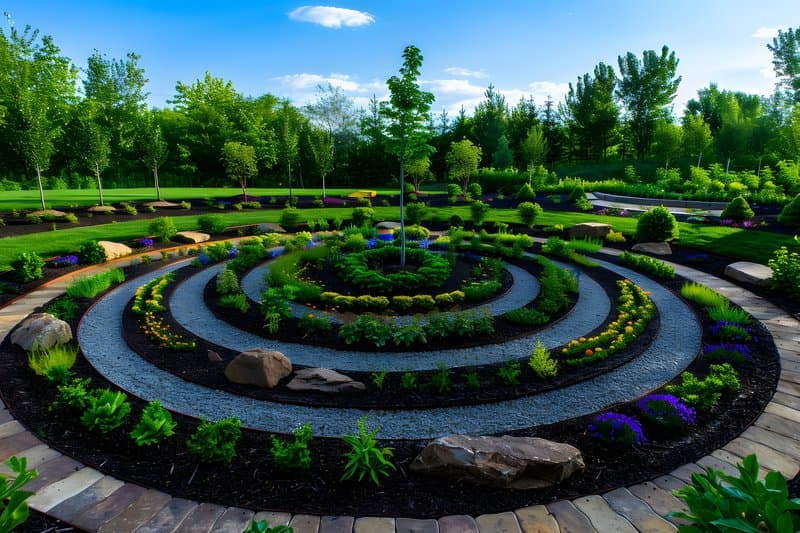 Herb spiral garden layers of medicinal plants and small rocks