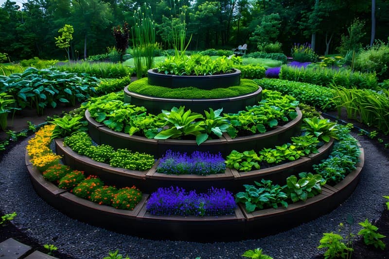 Herb spiral garden layers of medicinal plants and small rocks