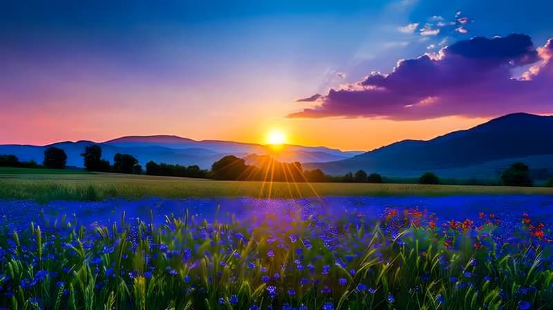 Mixed grain field native wildflowers blooming under soft sunlight