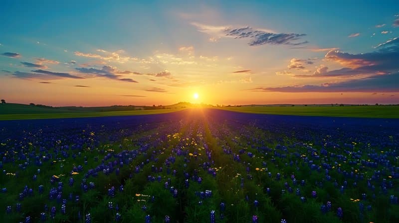 Mixed grain field native wildflowers blooming under soft sunlight