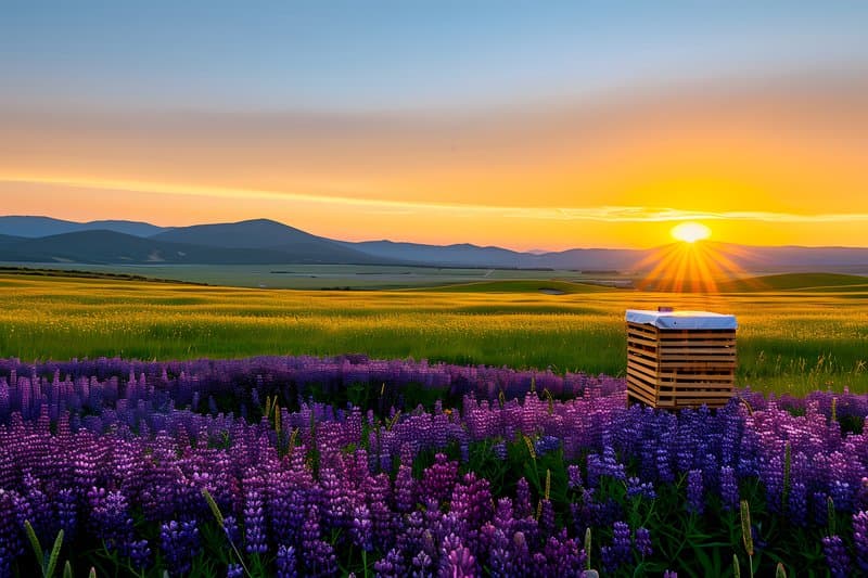 Natural beekeeping woven hives in wildflower field during golden hour