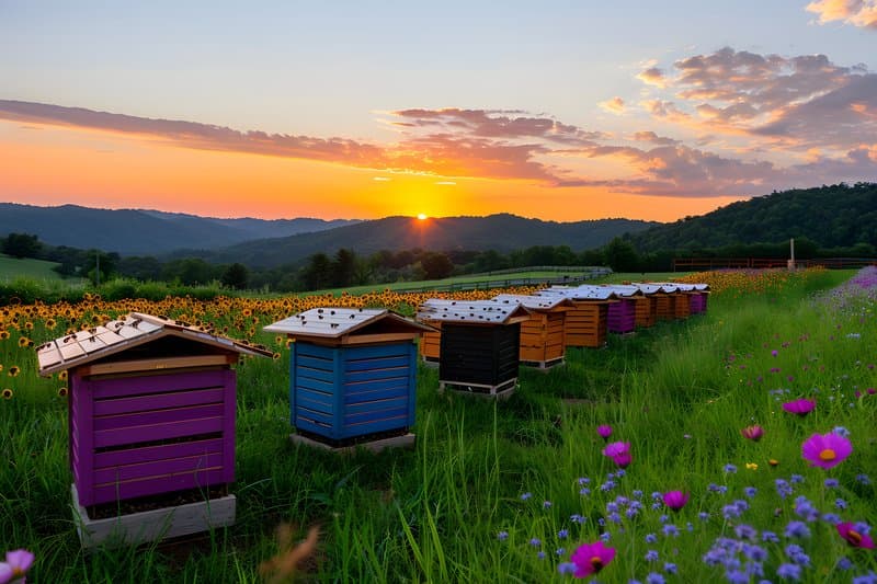 Natural beekeeping woven hives in wildflower field during golden hour