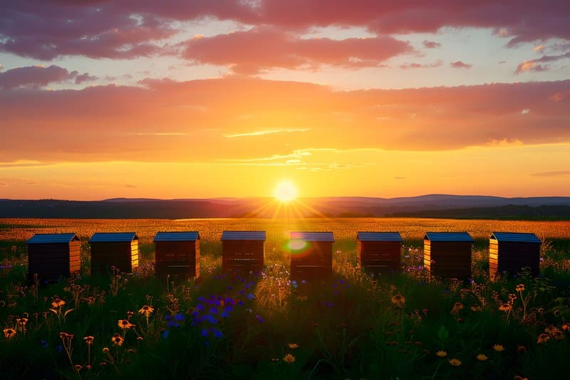 Natural beekeeping woven hives in wildflower field during golden hour