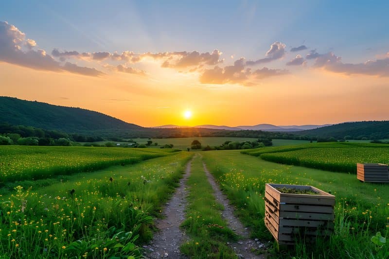 Natural beekeeping woven hives in wildflower field during golden hour