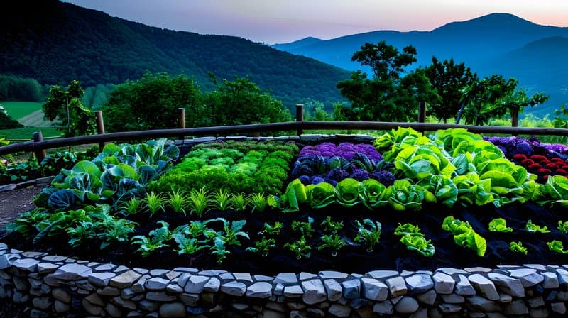 Natural stone fence enclosing community garden diverse vegetables