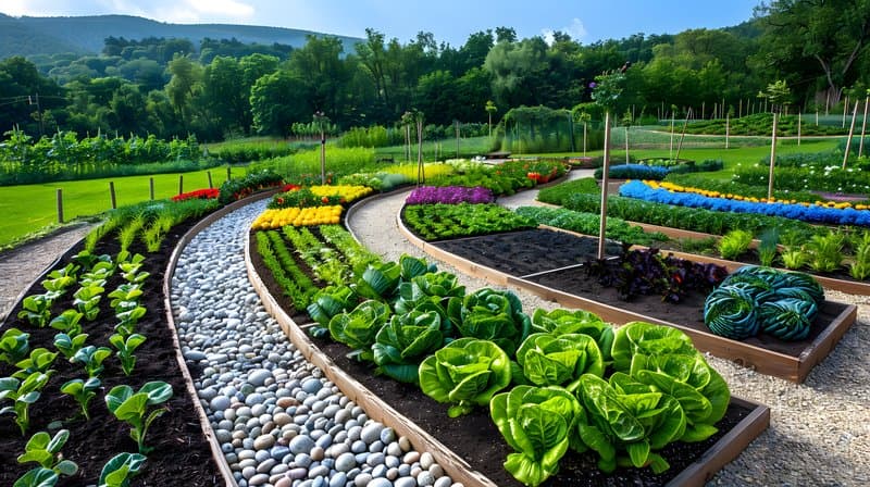 Natural stone fence enclosing community garden diverse vegetables