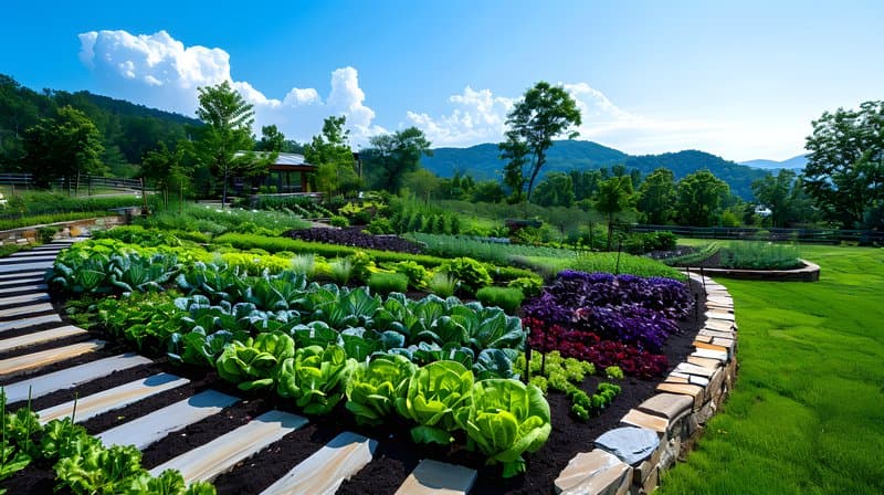 Natural stone fence enclosing community garden diverse vegetables