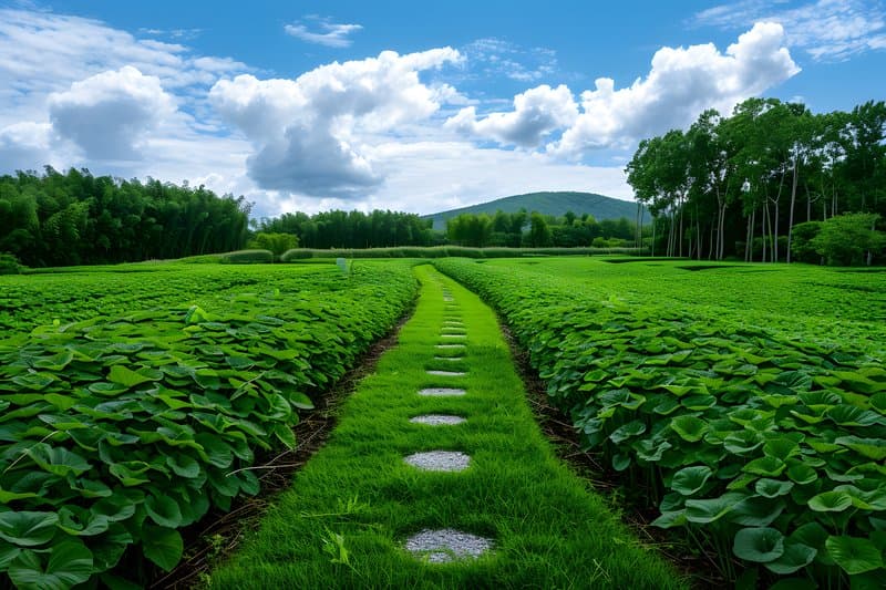 No till regenerative agriculture field cover crops and mulched walkways